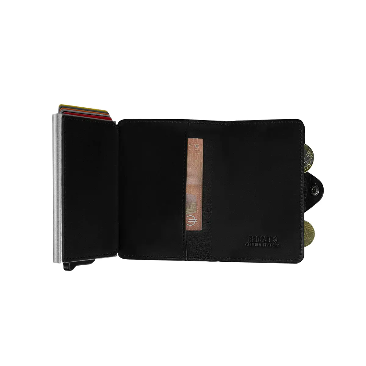 Porta-Cartões em Pele e Alumínio com Anti-RFID e Porta-moedas
